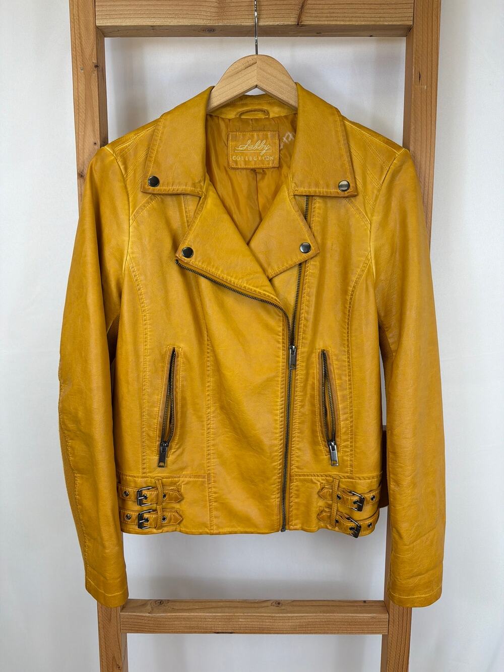 Sebby Collection Yellow Zip Up Faux Leather Jacket Buckle Waist  Size L
